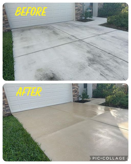 Before-and-after photo of a concrete driveway in front of a garage — stained before on the left, clean and restored after washing on the right