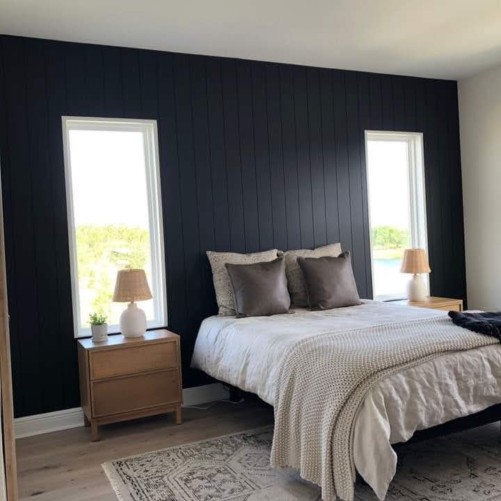 Bedroom with a black vertical shiplap accent wall
