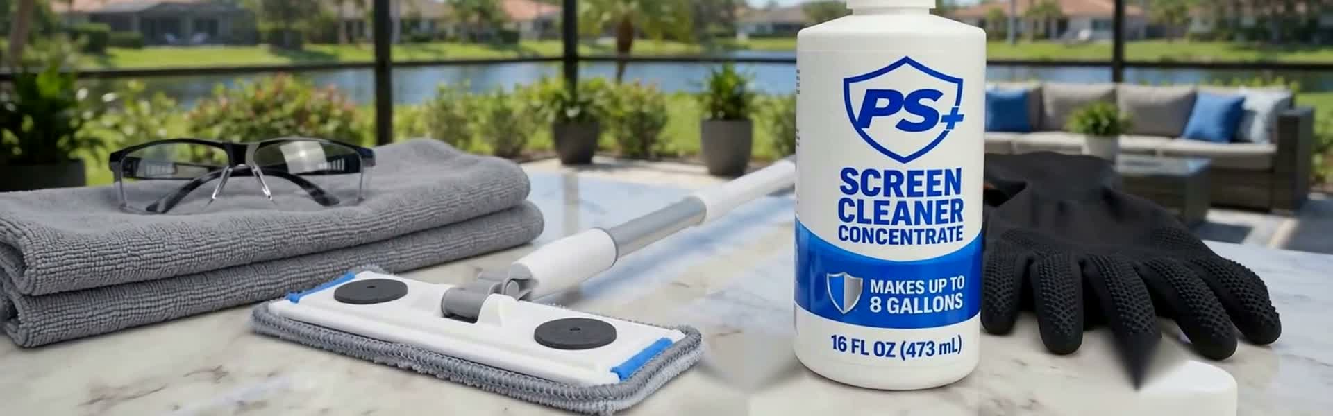 PS+ Screen Care Kit: 16 oz screen cleaner concentrate bottle, screen cleaning tool, microfiber towel, safety glasses and gloves