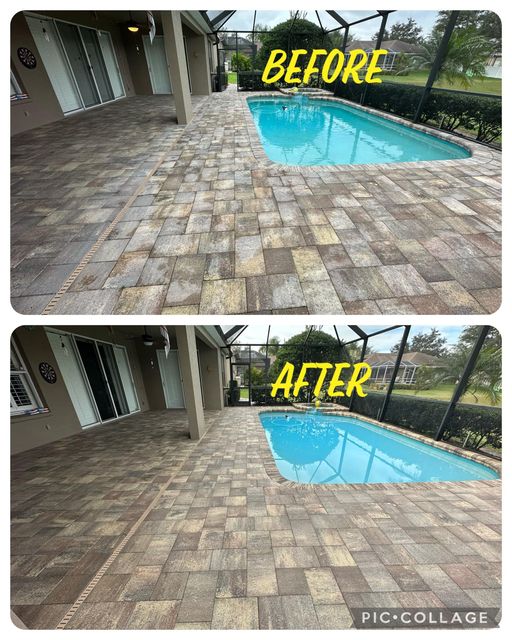 Before-and-after photo of a pool deck inside a screen enclosure — faded pavers on the left, freshly sealed pavers with rich color on the right