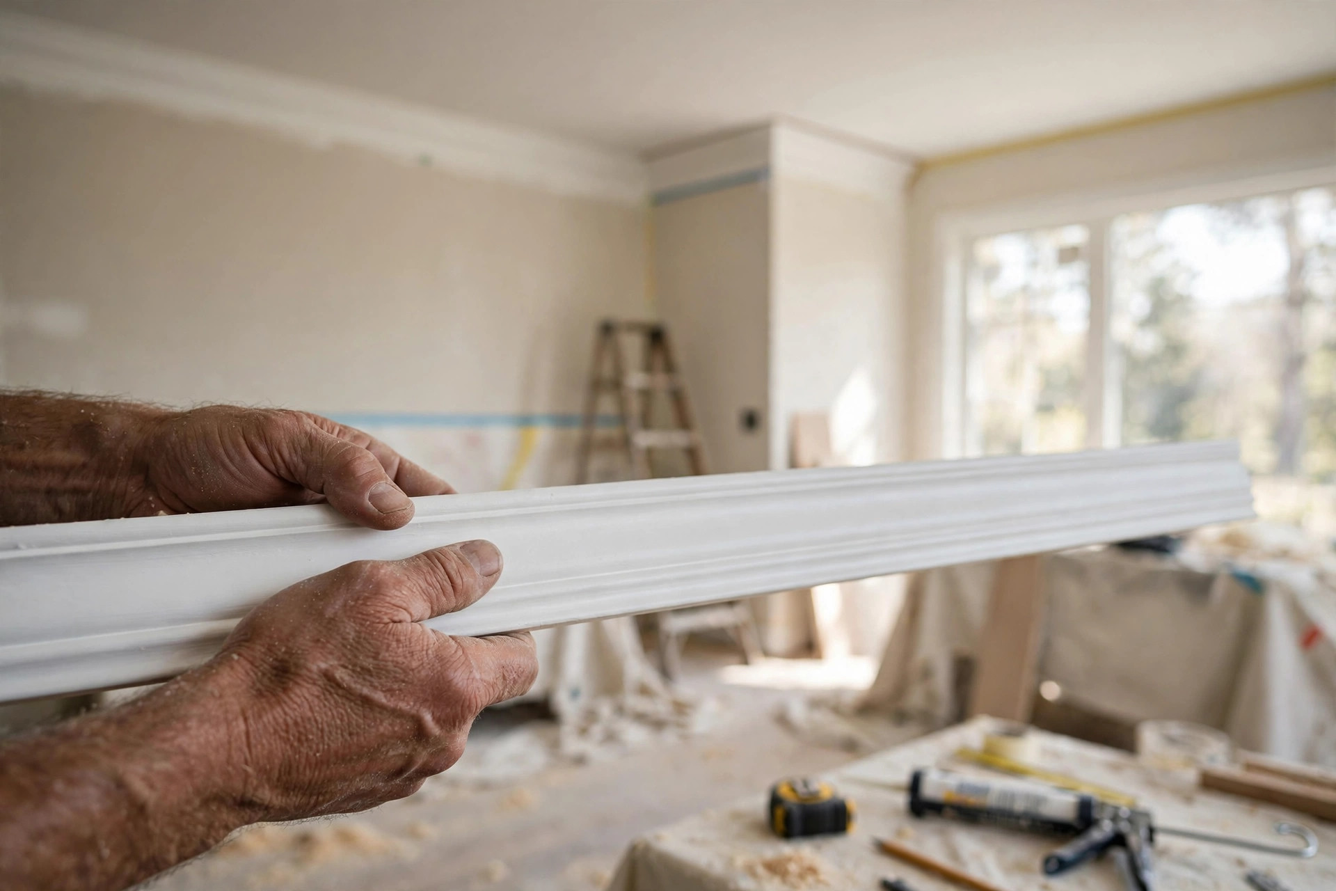 Craftsman&rsquo;s hands holding a length of white crown molding